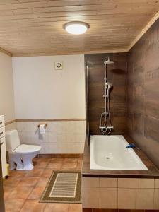 een badkamer met een bad en een toilet bij Sandve in Sandve