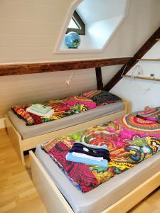 two beds in a room next to each other at BnB LES OISEAUX, chez Lidia, 26m2 à 44m2, 2ème étage in Vendlincourt