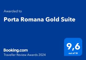 Majutusasutuses Porta Romana Gold Suite olev sertifikaat, autasu, silt või muu dokument