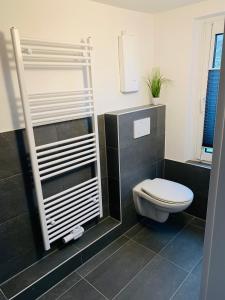 a bathroom with a toilet and a black tile floor at Blaue 8 -2 in Leezen +14 photos