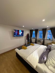 a bedroom with a large bed and a flat screen tv at Ferien am Schlössle in Ochsenfurt