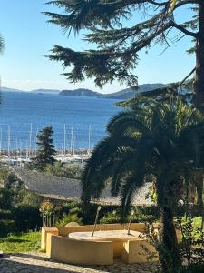 a view of the ocean from a beach with a fountain at Villa La Renarde in Le Lavandou