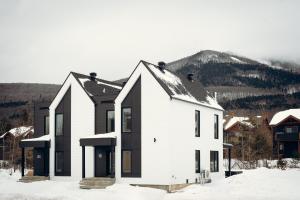 uma casa na neve com uma montanha ao fundo em Villas Perspective-Amandine-Mont-Sainte-Anne em Beaupré