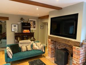 Stone Cottage في نورويتش: غرفة معيشة مع موقد وتلفزيون بشاشة مسطحة