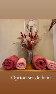 una mensola con tre asciugamani e un vaso sopra di gite de la noellerie a Saint-Gravé