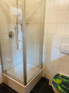 a shower stall in a bathroom with a toilet at Gartenapartment auf der Höri in Wangen in Öhningen