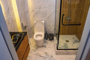 a bathroom with a toilet and a shower at Fly Apartment in Prigorodnyy