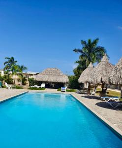 een zwembad met rieten parasols en stoelen bij Sirena Resort Curaçao in Willemstad