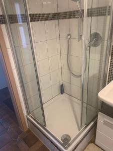 een douche met een glazen deur in de badkamer bij Ferienappartment in Pliezhausen