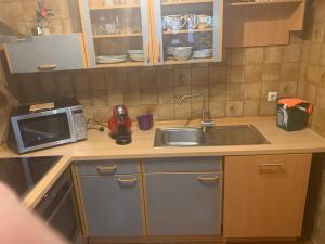 a small kitchen with a sink and a microwave at Ferienappartment in Pliezhausen