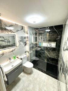 a bathroom with a white toilet and a sink at Modern 2Bedroom Oasis near Dublin city centre & Airport in Dublin +30 photos