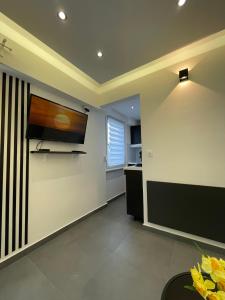 ein Wohnzimmer mit einem Flachbild-TV an der Wand in der Unterkunft MoonYellow - Basel - AirPort - HighQuality in Saint-Louis