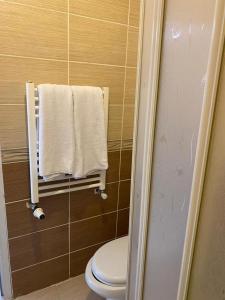 łazienka z toaletą i ręcznikami na ścianie w obiekcie Hermes Otel w mieście Edirne