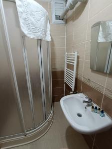 een badkamer met een douche en een wastafel bij Hermes Otel in Edirne