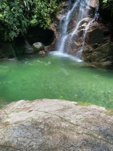 una cascada de agua verde frente a un río en Ríos Plaza & Suites, en Tena