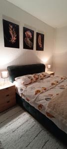 Ce lit se trouve dans une chambre avec 2 lampes et 2 tables. dans l'établissement Apartman 'CENTAR', à Kula