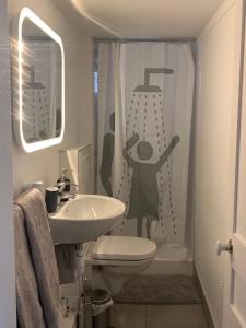uma casa de banho com um chuveiro com uma pessoa na cortina do chuveiro em Joli T2 jardin parking proche gare centre ville em Dijon