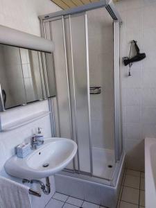 a bathroom with a sink and a shower at Apartment mit Bergblick in Fürstenstein