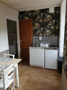 a kitchen with a sink and a table at A La Halte Des Gorges in Nevy-sur-Seille