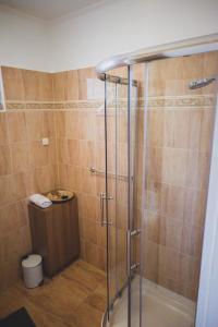 y baño con ducha y puerta de cristal. en Termálfürdő Apartman Igal 2 perc a fürdőtől en Igal