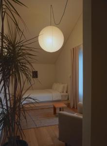 a living room with a bed and a potted plant at At corner resort & garden in Jeju