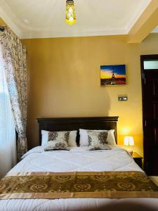 een slaapkamer met een groot bed met 2 kussens bij Casa Mia BnB in Kampala