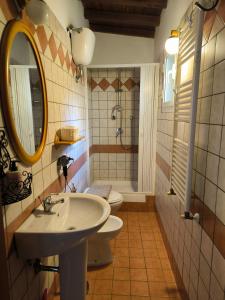 a bathroom with a sink and a toilet and a mirror at La Corte in Morlupo