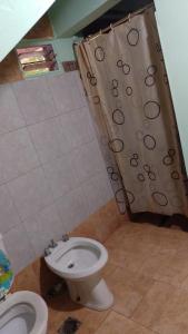 特拉皮切的住宿－Patio olmos，一间带卫生间和淋浴帘的浴室
