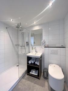 a bathroom with a shower and a toilet and a sink at Hotel Loskade 45 in Middelburg +75 photos