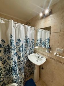 ein Badezimmer mit Waschbecken und Duschvorhang in der Unterkunft Monoambiente EK Centro Neuquén in Neuquén