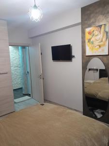 1 dormitorio con espejo, 1 cama y TV en Cozy home en Ioánina