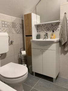 a white bathroom with a toilet and a sink at Prenoćište Šimić in Slavonski Brod