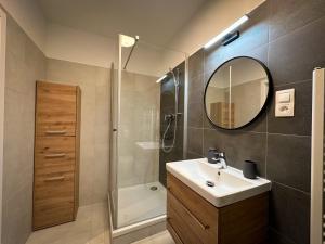 a bathroom with a sink and a shower and a mirror at Quiet Apartment with Garden and Free Parking in Trnava