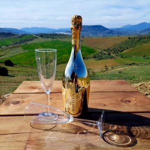 阿洛拉的住宿－Glamping Vive Tus Suenos -Libertad- Caminito del Rey，木桌旁的一瓶香槟和一杯葡萄酒