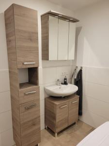 a bathroom with a sink and a medicine cabinet at Ferienwohnung am Wald 