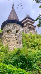 un edificio in pietra con una torre in cima a una collina di Aqua Apart Polyana a Polyana