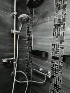 a bathroom with a shower with a shower head at FeWo BEE61 * Langen EXKLUSIV für 4 Personen *Vollausstattung mit Küche* inklusive TERRASSE in Langen +35 photos