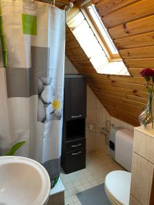 a bathroom with a sink and a toilet and a window at Alma Apartmanház in Harkány