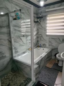 a bathroom with a shower and a tub and a toilet at Maneli 69 in Boksburg