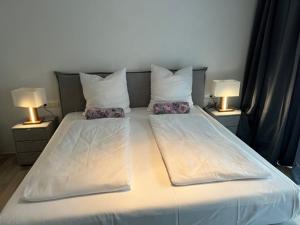 1 cama grande con 2 lámparas a ambos lados en Cocoon 77 Apartments en Stuttgart