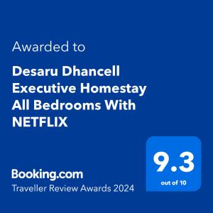 a blue sign with the text awarded to research channel executive homesay all bathrooms with at Desaru Dhancell Executive Homestay All Bedrooms With NETFLIX in Desaru