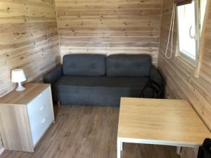 ein Zimmer mit Couch in einem winzigen Haus in der Unterkunft Camp-Classic in Smołdziński Las