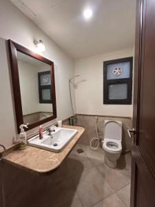 een badkamer met een wastafel, een toilet en een spiegel bij Mivida for rent in New cairo