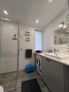 a bathroom with a shower and a washing machine at Pucka Marina in Puck