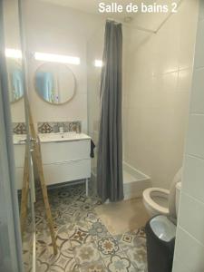 ein Badezimmer mit einem Waschbecken, einem WC und einem Spiegel in der Unterkunft MAISON 4 CHAMBRES AVEC JARDIN in Dampierre-en-Burly