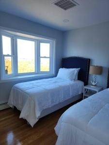 una camera blu con due letti e una finestra di The Yachts of Fun House in Cranston a Cranston