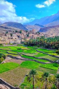 a village in the mountains with palm trees at Guest house baldsayt in Bilād Sayt