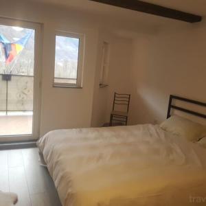 a bedroom with a white bed and a window at Casa Ile in Vişeu de Sus