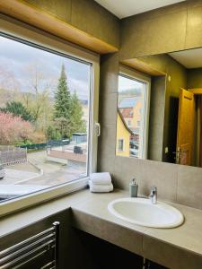 a bathroom with a sink and a large window at L-DOM in Metzingen