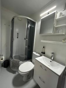 a bathroom with a shower and a toilet and a sink at Terminal Airport in Poznań